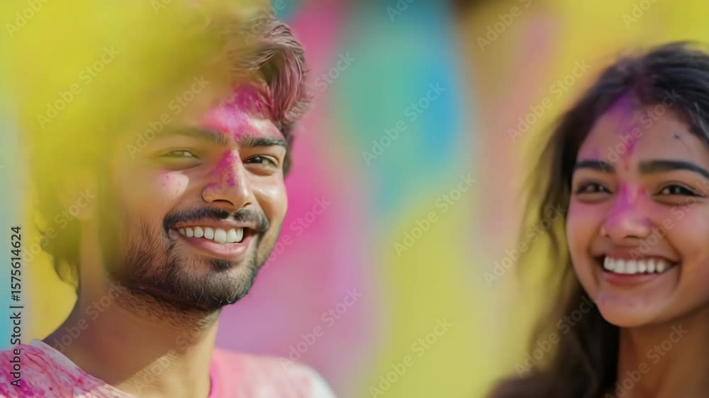 Young indian couple laughing and enjoying holi festival, covered in colorful gulal powder Young indian couple laughing and enjoying holi festival, covered in colorful gulal powder