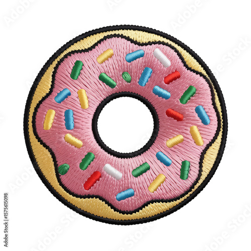 Pink iced donut embroidered patch frosting sprinkles
