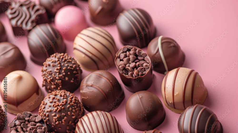 Assorted gourmet chocolates on pink background for world chocolate day celebration. Top view. Horizontal banner. Copy space. Confectionery factory, sweet life Assorted gourmet chocolates on pink background for world chocolate day celebration. Top view. Horizontal banner. Copy space. Confectionery factory, sweet life