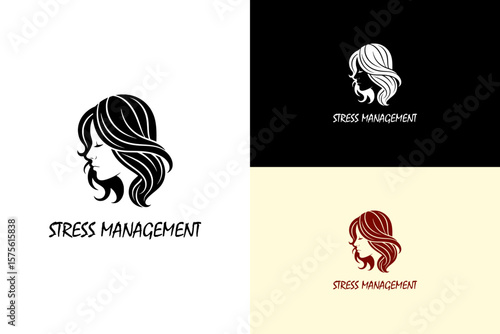 woman half face with flowing hair strands illustration, icon, vector logo for peaceful, mindfulness, mental health, meditation, stress relief, calming, emotional wellness, stress management, and more