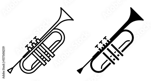 Linear icon. Brass trumpet wind instrument for playing in concerts and solo on stage. Simple black and white vector isolated on white background