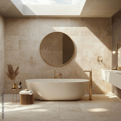 Light-filled beige bathroom with a large oval tub