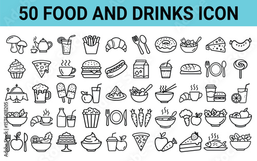 Collection of 50 food and drink icons in simple line art style