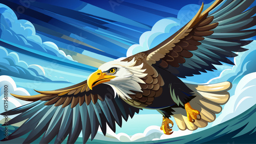 Bald Eagle – The majestic Bald Eagle soars gracefully through open skies, golden beak sharp and wings wide, its white head and tail feathers glowing in crisp daylight from a close-up view.