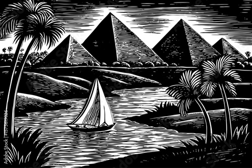 Nile River Egypt with ancient pyramids, palm trees, desert surroundings, sailing boat illustrated using expressive black and white line art illustration ideal for history, travel and cultural designs