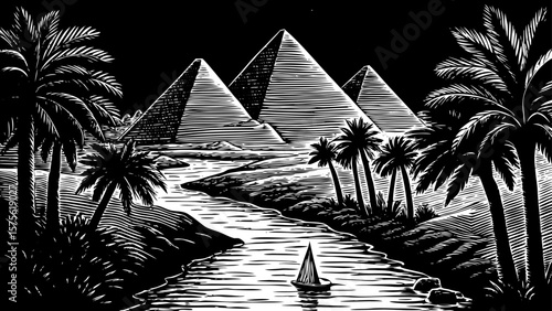 Nile River Egypt with ancient pyramids, palm trees, desert surroundings, sailing boat illustrated using expressive black and white line art illustration ideal for history, travel and cultural designs