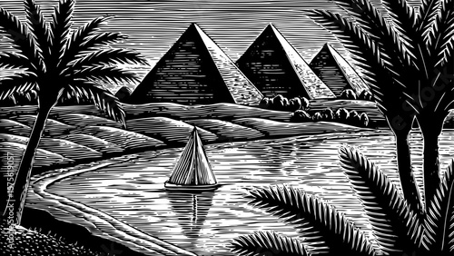 Nile River Egypt with ancient pyramids, palm trees, desert surroundings, sailing boat illustrated using expressive black and white line art illustration ideal for history, travel and cultural designs