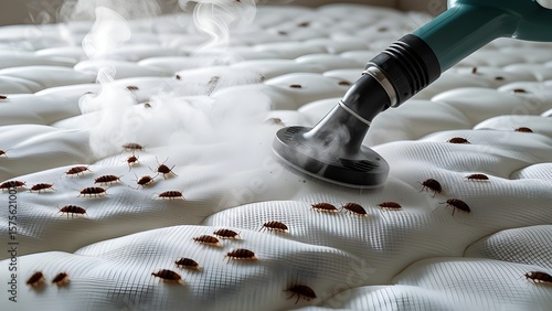 Close-up image of a steam cleaning machine nozzle releasing hot steam onto a mattress surface