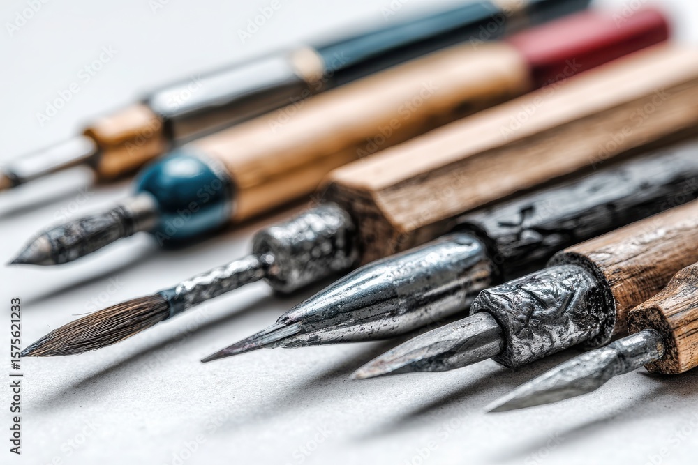 Fototapeta premium Close-up of various antique writing instruments showcasing intricate designs and textures