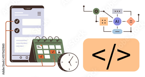 Smartphone task list, calendar with checkmarks, clock for time tracking, coding symbol, AI process diagram. Ideal for productivity, automation, planning, programming AI concepts time management