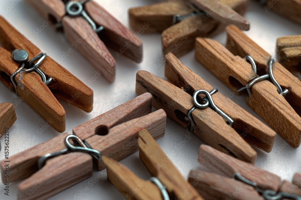 Close-up of wooden clothespins arranged artistically on a white surface, showcasing texture Close-up of wooden clothespins arranged artistically on a white surface, showcasing texture