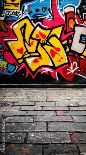 Colorful graffiti artwork with bold yellow letters and red accents on a brick wall above a paved sidewalk.
