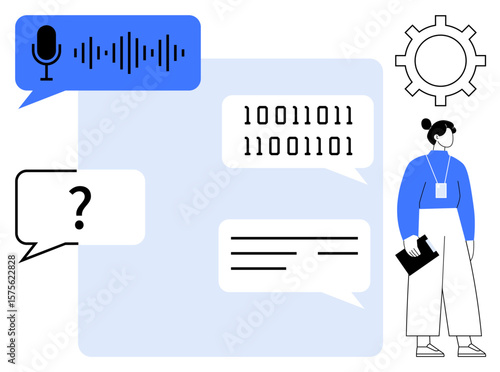 Speech bubble with voice wave, binary code, text, question mark, cogwheel, and woman holding tablet. Ideal for AI, speech recognition coding chatbot technology conversation innovation. Simple