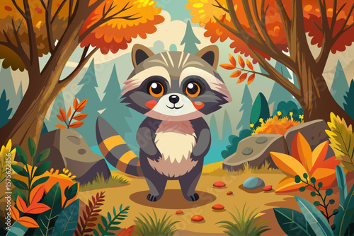 vector of Cute baby raccoon in a natural forest habitat with colorful autumn leaves...