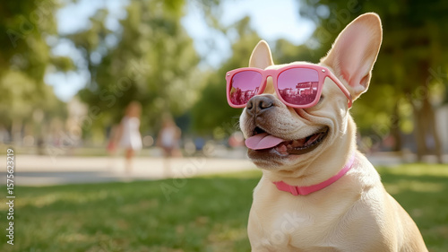 French Bulldog wearing pink sunglasses and collar, sitting outdoors grass, cheerful summer vibe