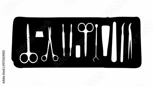 Surgical instruments laid out in a tray with scissors and other medical tools in black and white style