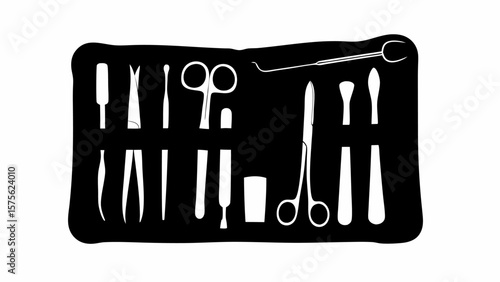 A black kit containing various white surgical instruments including scissors and tweezers in a dark case