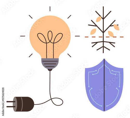 Light bulb with disconnected cord, shield with circuitry lines, tree branches with dropped leaves. Ideal for sustainability, energy efficiency, eco-friendly solutions, safety, innovation, technology
