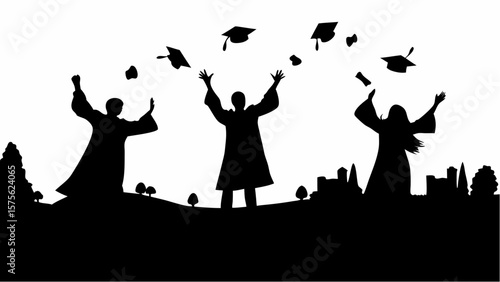 Silhouette of three graduates throwing graduation caps in the air with cityscape background scene