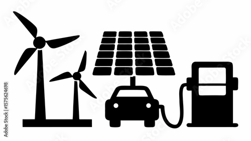 Illustration showing wind turbines solar panel powered car and charging station in black and white style