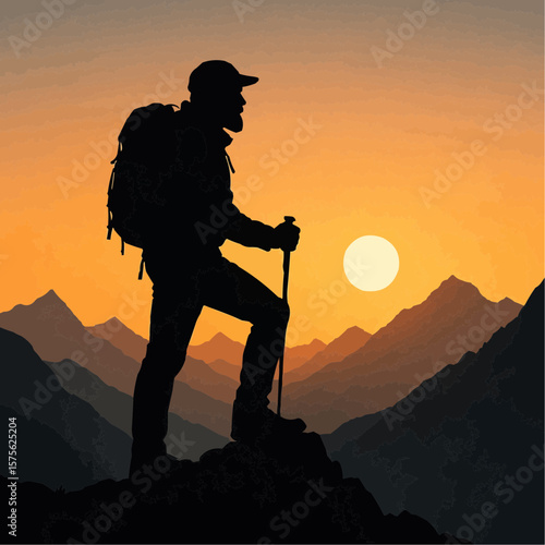 Sunset hikers on a mountain top, a couple and a man with a backpack, embody the freedom of nature