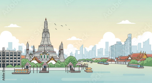 A vibrant vector illustration of Bangkok's skyline featuring the majestic Wat Arun temple, the Chao Phraya River with boats, and contemporary city architecture.