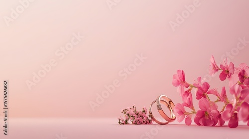 Wedding rings with pink flowers pastel background; romantic invitation.
