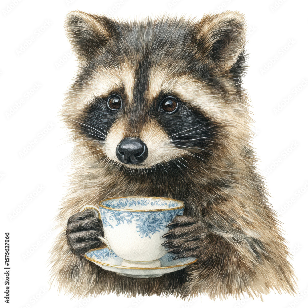 Obraz premium Charming Raccoon Enjoying Tea Cozy Setting Digital Art Vibrant Colors Playful Mood