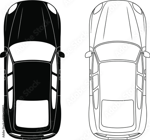 Top view silhouette and outline of a modern sports car side by side