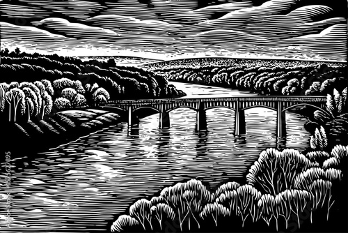 Mississippi River flowing through rural towns, bridges, lush banks, southern trees illustrated in black and white line art illustration ideal for Americana, editorial, history and environmental