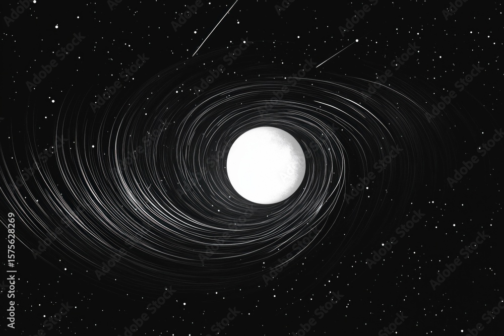 Naklejka premium Abstract depiction of swirling star trails forming circular patterns around bright full moon in night sky, capturing dynamic motion of celestial bodies with scattered stars visible