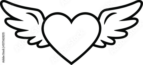 Simple black outline of a heart with wings on a white background