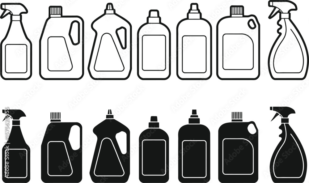 Fototapeta premium Collection of cleaning product bottles and spray bottles in outline and solid black