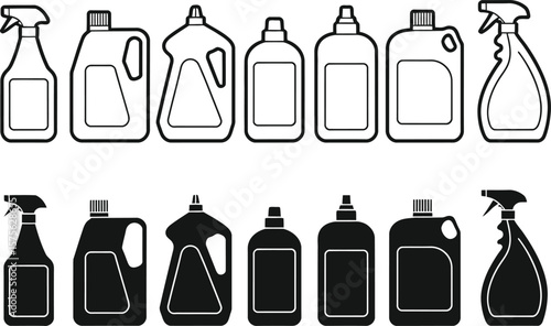 Collection of cleaning product bottles and spray bottles in outline and solid black