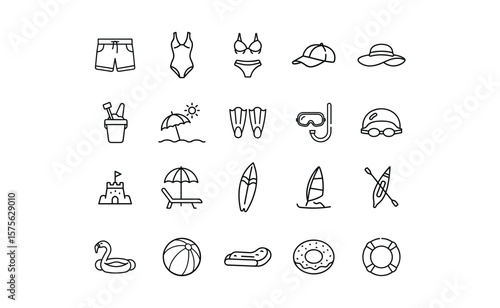 Collection of Summer Icons: Beach Shorts Swimsuit Hat and More.