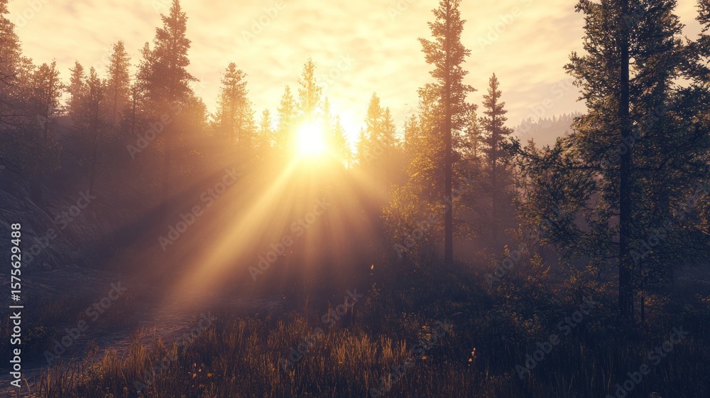 Obraz premium Golden Forest Sunrise: Sunbeams Piercing Through Trees, Serene Landscape.