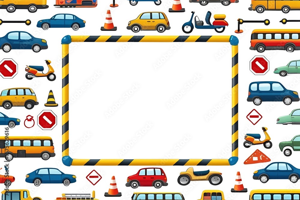 Fototapeta premium Colorful transportation border with cute cartoon vehicles. A playful frame with a car, truck, bus, and airplane for kids