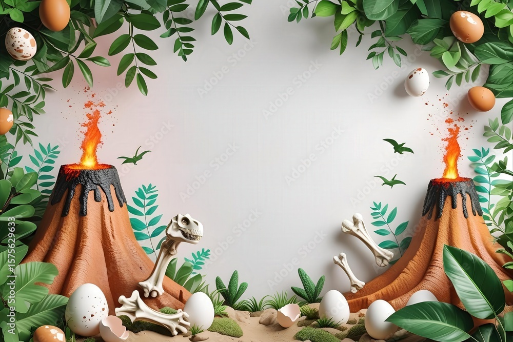 Fototapeta premium A playful prehistoric border with cute cartoon dinosaurs and tropical leaves. A fun and colorful frame for a kid's birthday party