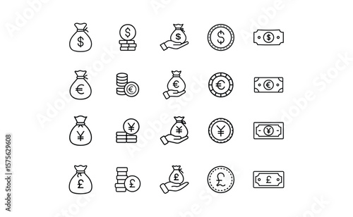 Various Currency Icons: Dollar Euro Yen and Pound Symbols.