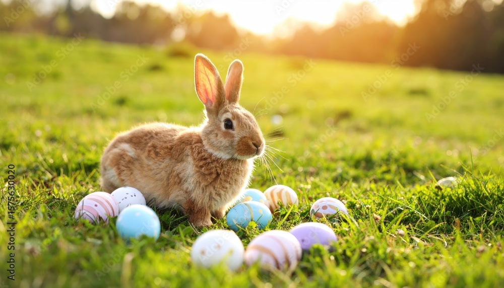 Fototapeta premium Easter bunny with colorful eggs in a grassy field