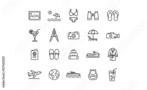Collection of Travel and Vacation Outline Icons Set Black and White.