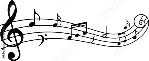 Wavy stave with treble clef and bass clef and music notes in black color