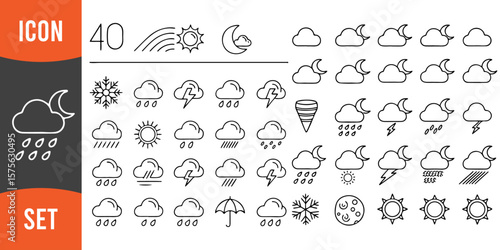 A comprehensive collection of forty simple outline weather icons depicting various meteorological phenomena including sun moon clouds rain snow lightning and a tornado