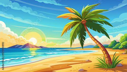 Scenic tropical beach with a lone palm tree swaying gently under a clear blue sky and golden sunlight. Relaxing summer vibe. Vector illustration
