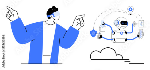 Person wearing VR headset gesturing towards a robot multitasking with tools thumbs up a test tube, shield, and gear. Ideal for technology, automation, innovation, VR, AI future education. Simple
