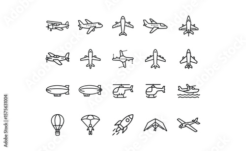 Line Art Collection of Various Aircraft and Flying Vehicles.