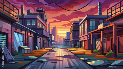 Abandoned industrial zone featuring decaying warehouses and empty streets under a gloomy twilight sky. Urban dystopia. Vector illustration