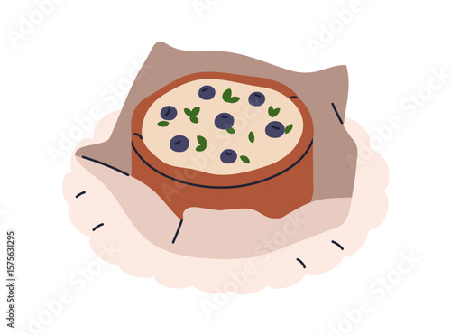 Cheesecake, sweet bakery. American homemade dessert, classic cheese cake, baked pastry with cream and blueberries, berries decor. Yummy treat. Flat vector illustration isolated on white background