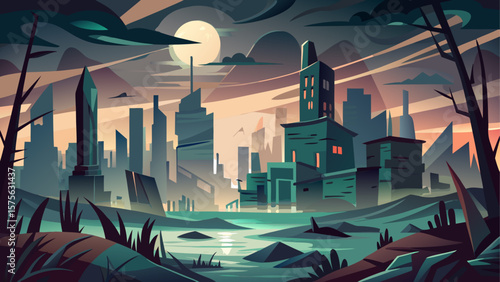 Abstract portrayal of a bleak and haunting cityscape shrouded in shadows and silence. Moody atmosphere. Vector illustration