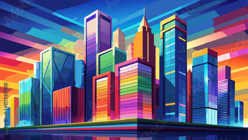 Modern skyscrapers featuring vibrant rainbow reflections on glass facades under a clear sky. Urban skyline with colorful light effects. Vector illustration